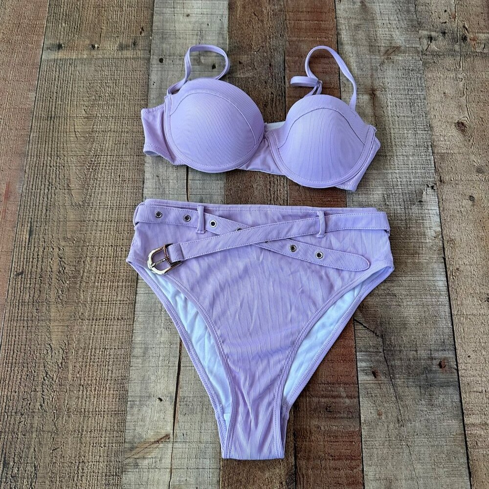 Adika Lilac Belted High Waist Bikini Set With Padded Bra
